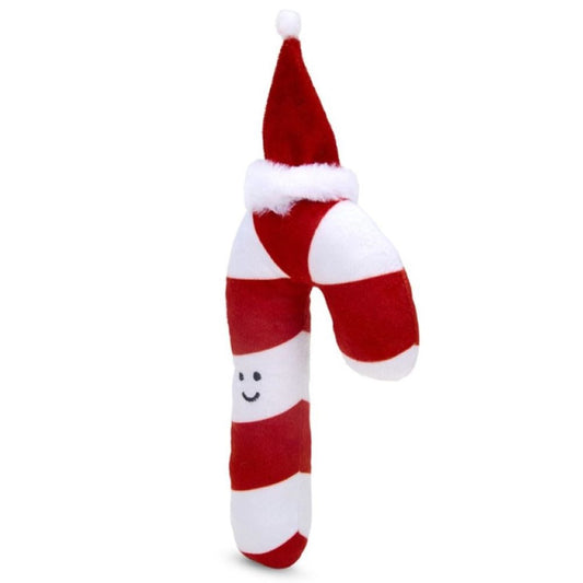 Red and white striped candy cane plush toy with a smiling face