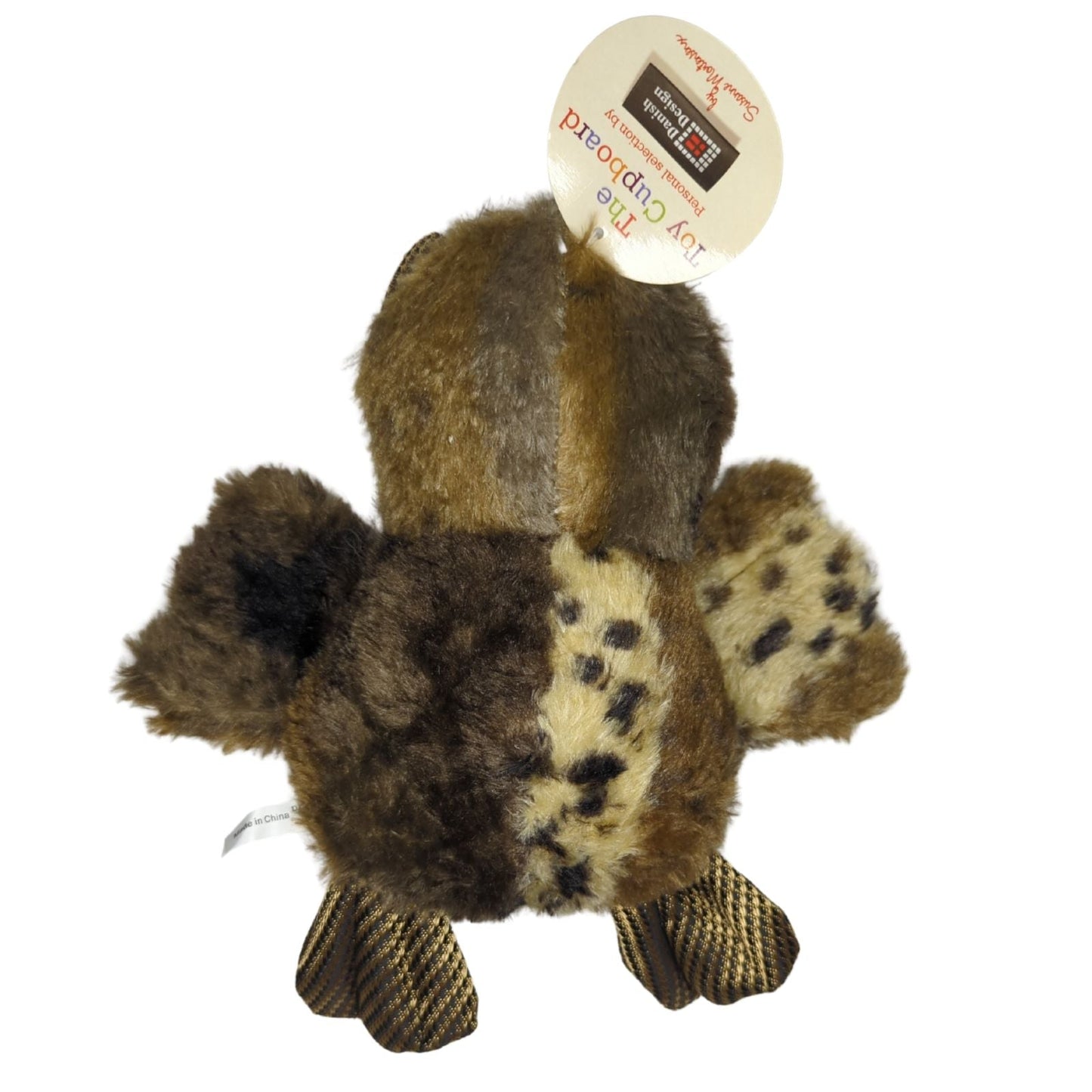 Plush owl dog toy with fabric that resembles a cheetah
