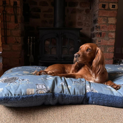 Snug and Cosy Farmyard Lounger in blue with a dog laying down