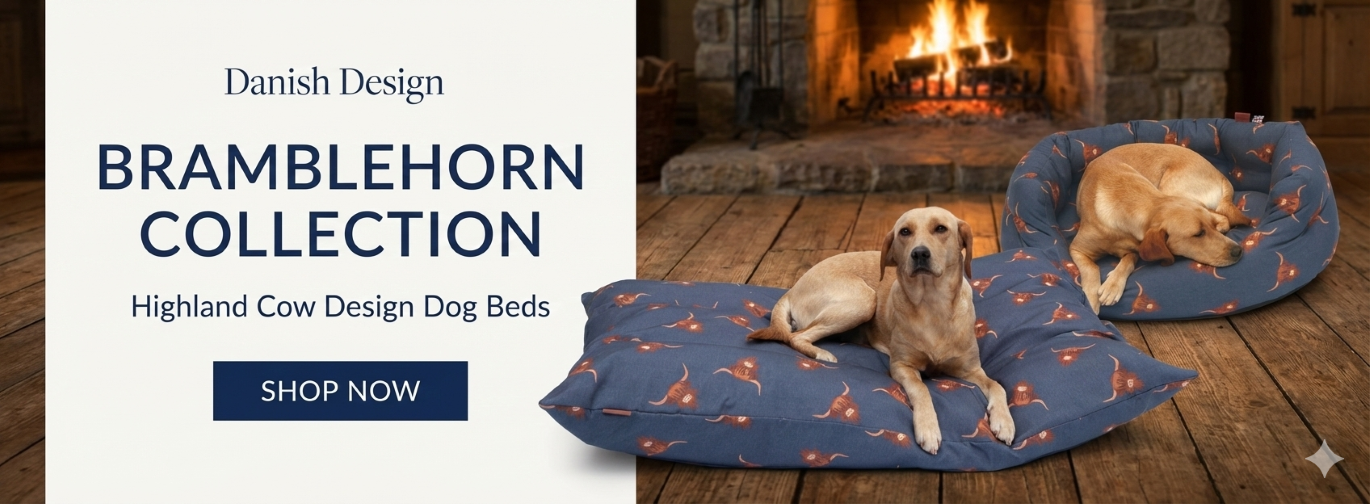 Danish Design Bramblehorn Dog Beds in a Highland Cow Design