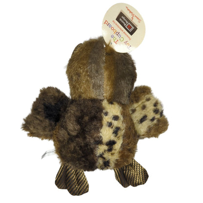 Plush owl dog toy with fabric that resembles a cheetah