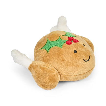 Plush turkey dog toy with holly leaves and berries left view