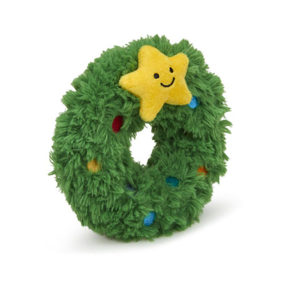 Left view of Petface Remy Wreath plush and rubber squeaky Christmas dog toy