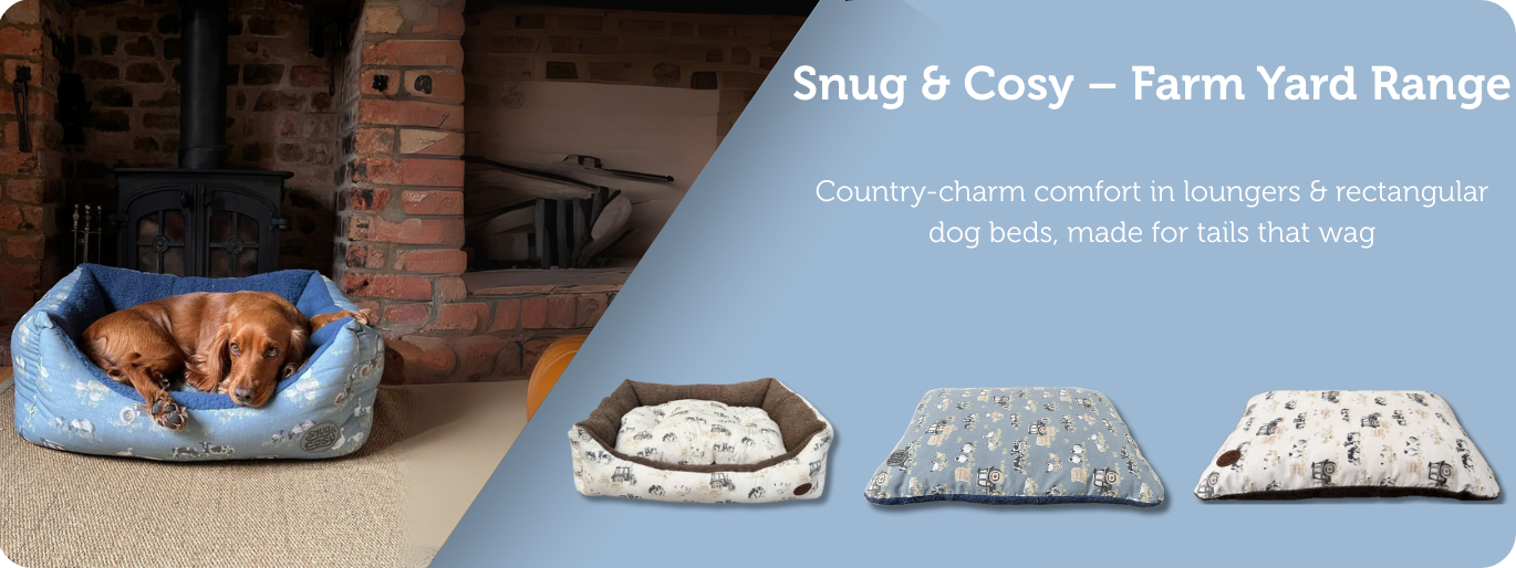 Dog beds with 'Snug & Cosy' branding in a home setting.