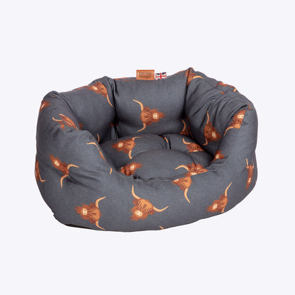 Danish Design Bramblehorn Deluxe Slumber Dog Bed with Highland Cow print Side View