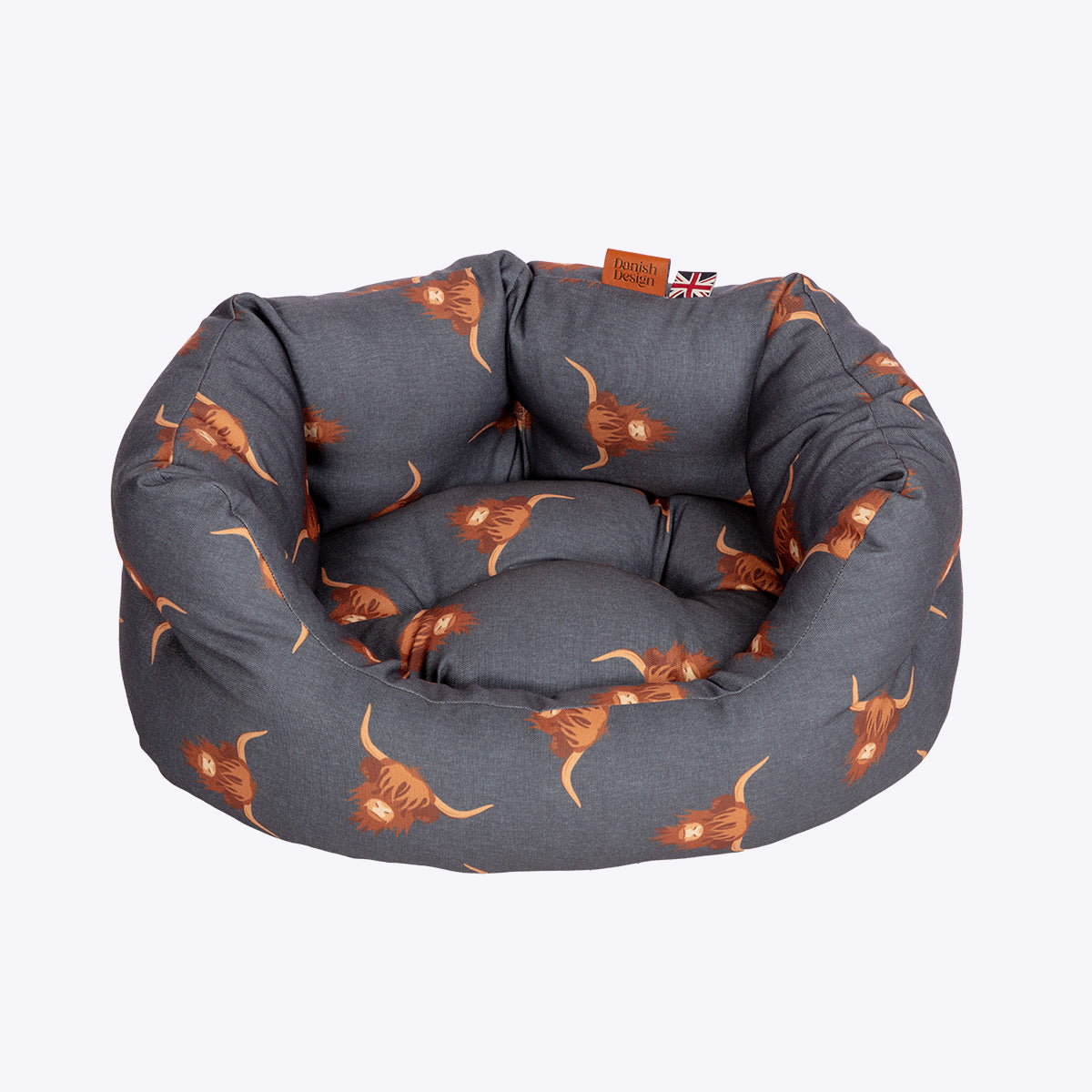 Danish Design Bramblehorn Deluxe Slumber Dog Bed with Highland Cow print Front View