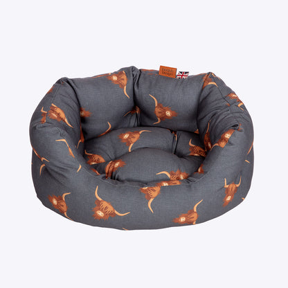 Danish Design Bramblehorn Deluxe Slumber Dog Bed with Highland Cow print Front View