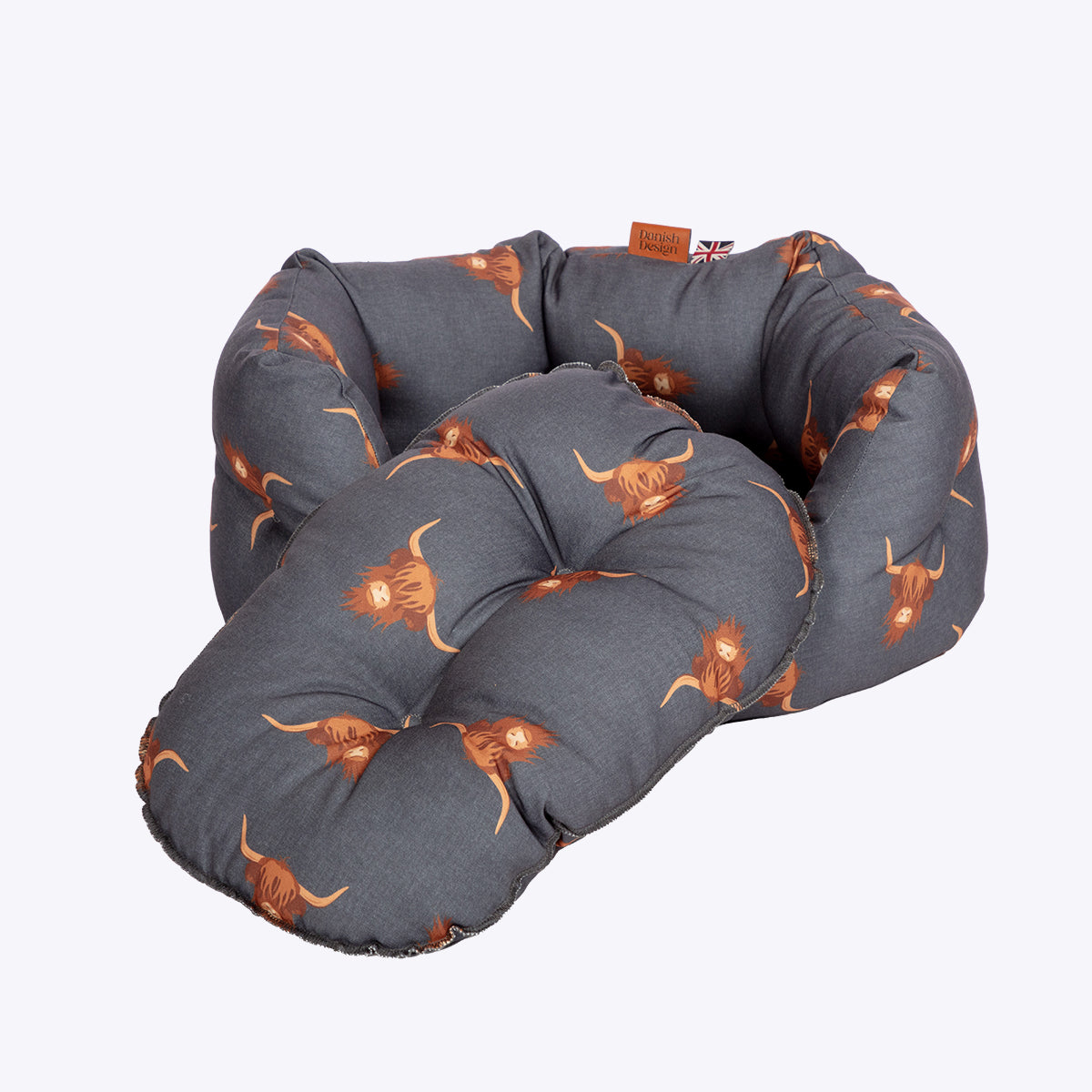 Danish Design Bramblehorn Deluxe Slumber Dog Bed with Highland Cow print showing the removable mattress