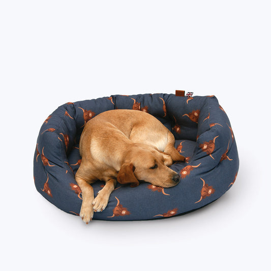 Danish Design Bramblehorn Deluxe Slumber Dog Bed with Highland Cow print - with dog
